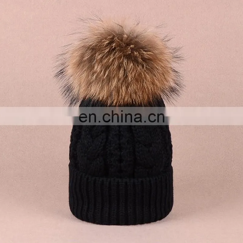 Jumbo genuine raccoon fur pom balls hats knitted twist pattern hats