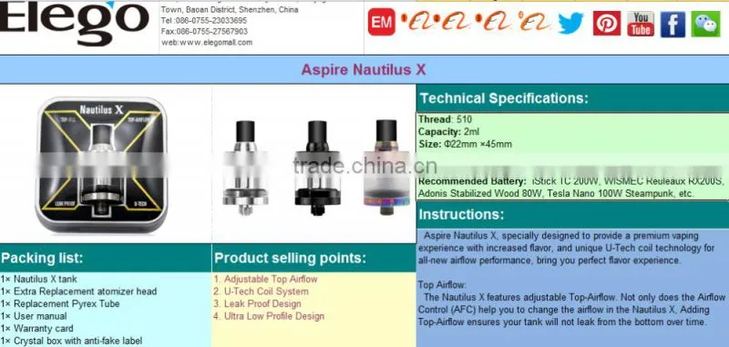 Aspire Nautilus X with U-Tech Coil, Fast Shipping Nautilus X in stock wholesale factory price