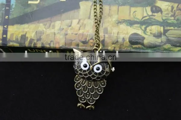 Cheap vintage OWL copper pocket watch with long necklace chain