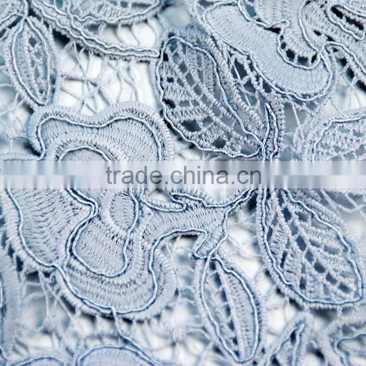 Custom promotion Soft light blue guipure fabric chemical water soluble lace for evening dress