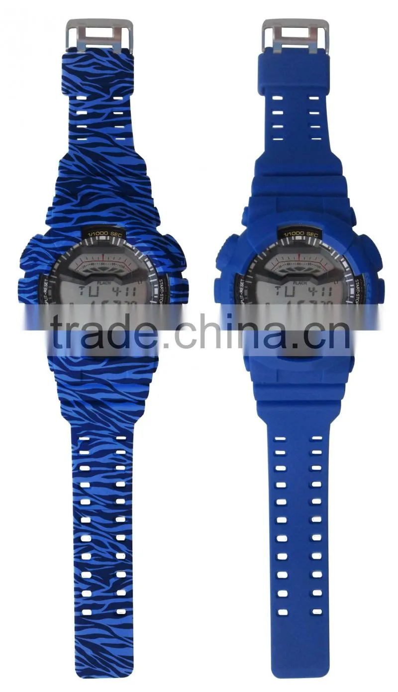 LP1331 Blue PU Multifunction Digital LCD Display Printing graphic pattarn set digital wrist G watch