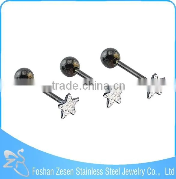 2016 new arrival surgical steel flashing crystal titanium anodized pentagram tongue ring