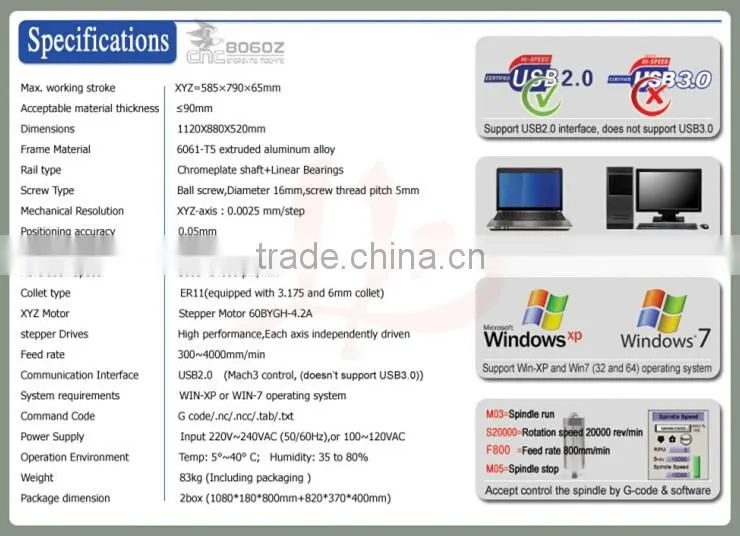 mini cnc router USB port 8060Z-USB 1500W mini cnc milling machine for hard metal aluminum wooden working