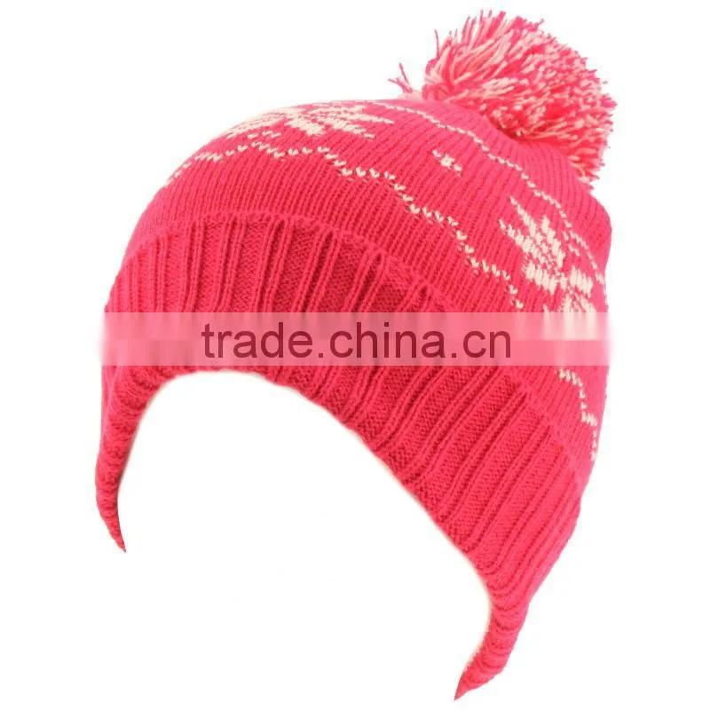 Custom Acrylic Children Knitted Winter Beanie with Flower Pattern/Wholesale Child Beanie Hat