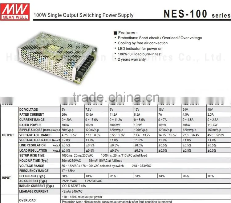 Mean well 100w 12v switching power supply with two years warranty