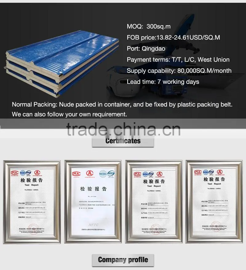 corrugated high quality exterior Polyurethane sandwich roof panel