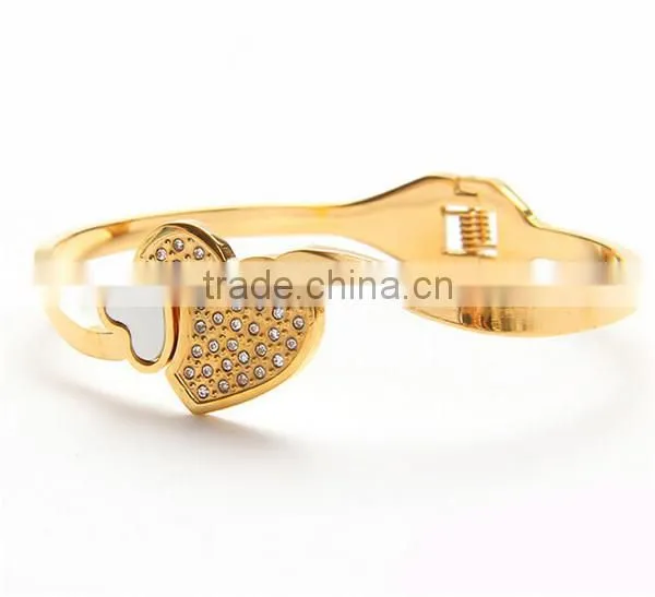 Classic tricolor stainless steel open crystal bangle heart jewelry wedding for women