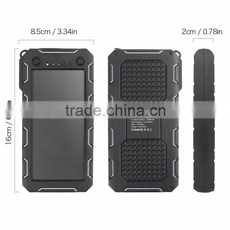 Waterproof 15000mah universal solar power bank cell phone charger 5v 2a for laptop