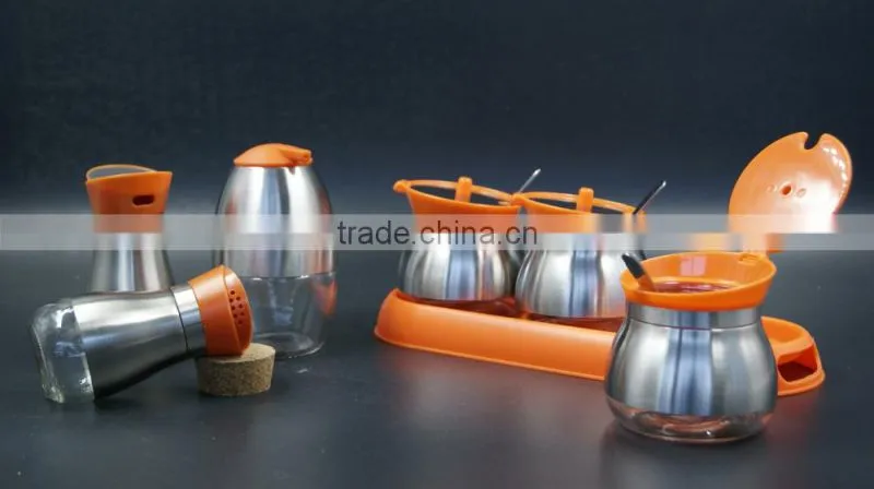 set of 3 glass spice jar cruet set with stainless steel coat