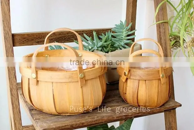 Garden decorative wood chips flower basket with handles