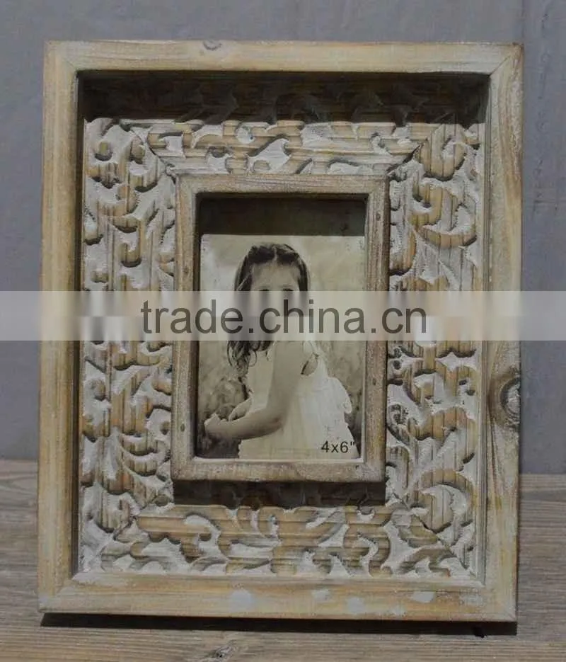 antique wooden engraved photo frame, timeworn wooden carved picture frame