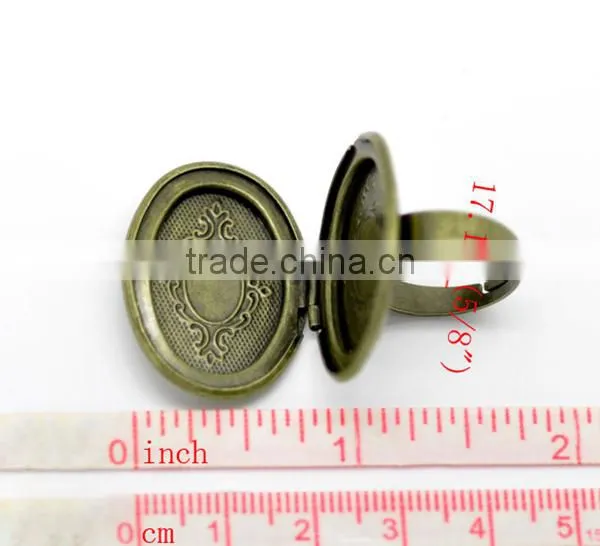 Antique Bronze Oval Pattern Photo Frame Locket Rings Ring Setting