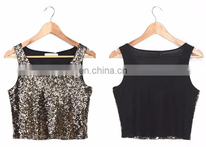 2016 Europe America Hot Girls Sexy Gold Sequin Net Tank Top