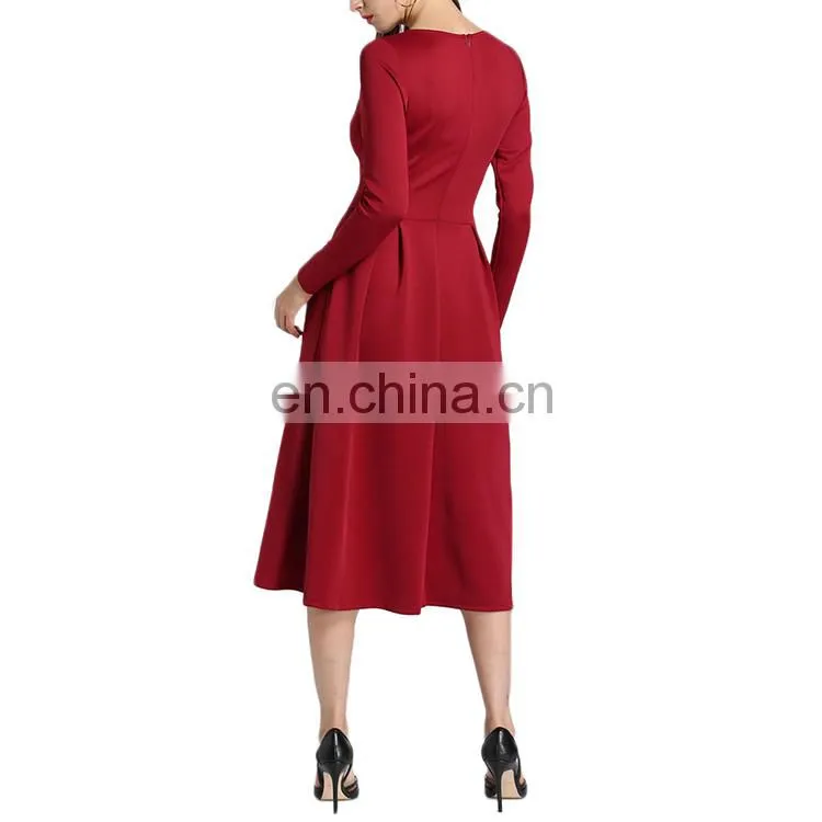 Latest Design Lady Casual Dress Red Fashion Long Sleeve Autumn Dress For Woman