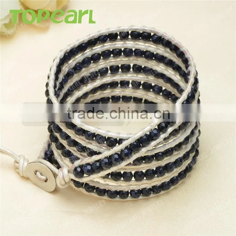 Topearl Jewelry Blue Sandstone Fashion Bracelet Woven Leather Wrap Bangle 33.5 Inches CLL138