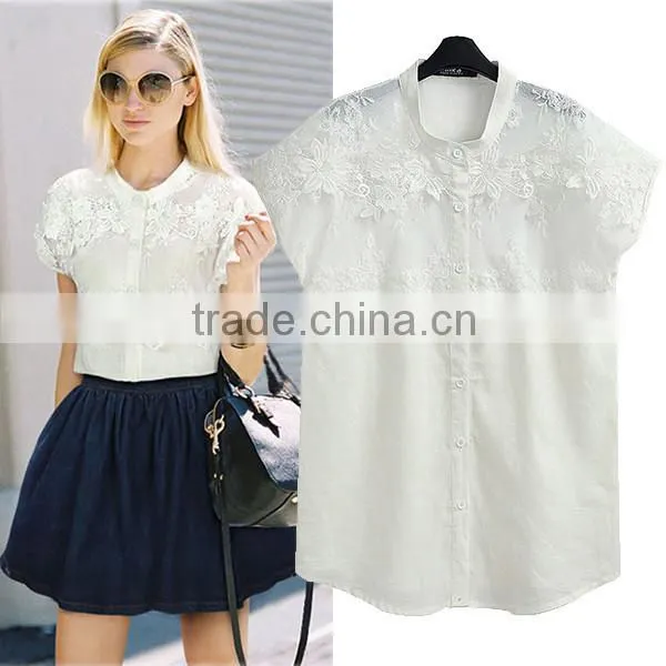 Casual Short Sleeve White Color Lady Fashion Blouse