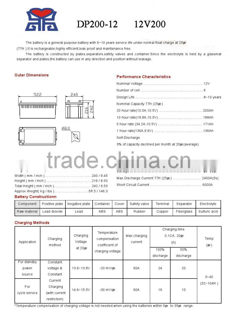 General Maintenance Type and 12v Voltage VRLA AGM Battery 12V 200AH Deep cycle