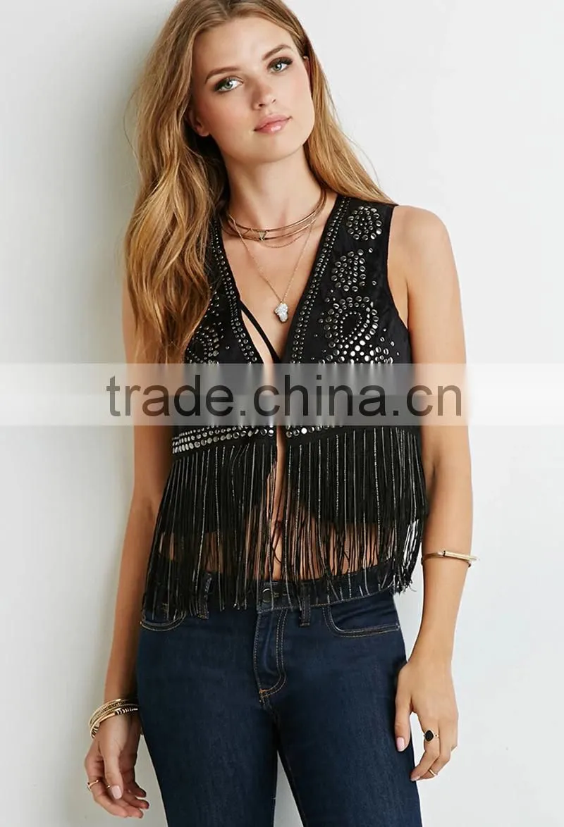 Studded fringe faux suede vest