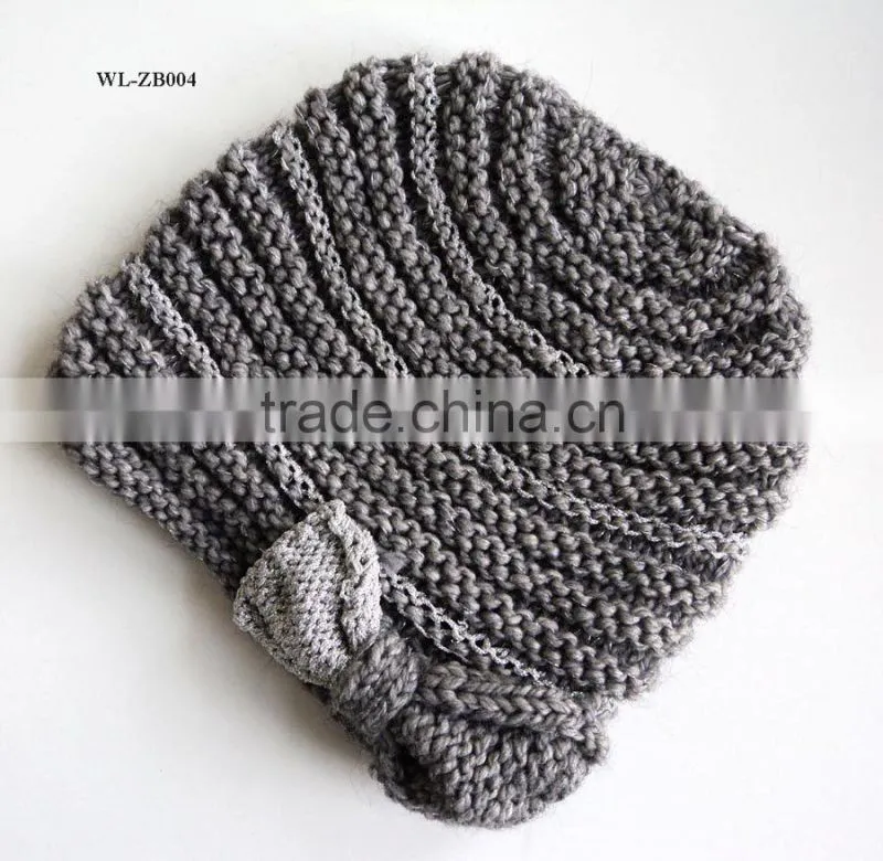WL-ZB004 100% ACRYLIC KNITTING BEANIE HAT WITH BOW TRIM