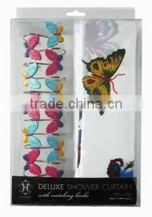butterfly design shower curtain with 12 pcs decorative resin hooks