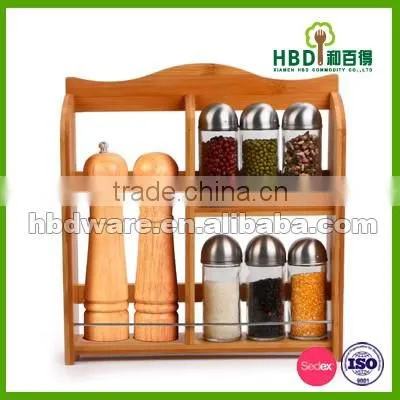 Kitchen wood condiment holder with glass jar set
