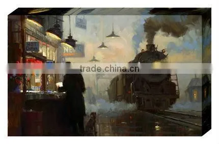 Hot! Retro trainstation old color old oil painting style restaurant decorating supplies