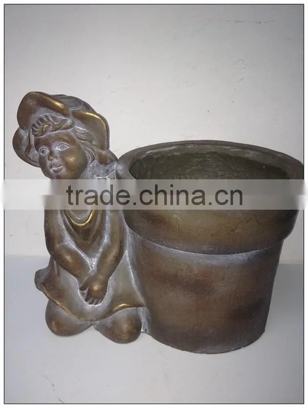 Garden scuplture decoration bronze girl and garden flower pot