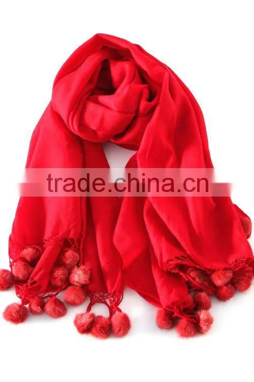 winter cashmere shawls pashmina with fox fur balls edge for women