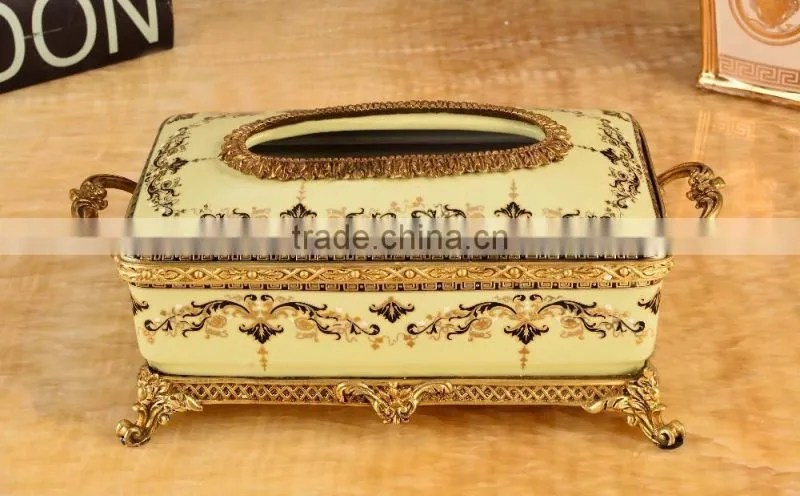 Luxury royal home appliance yellow color flower painting ceramic and brass decorative tissue box