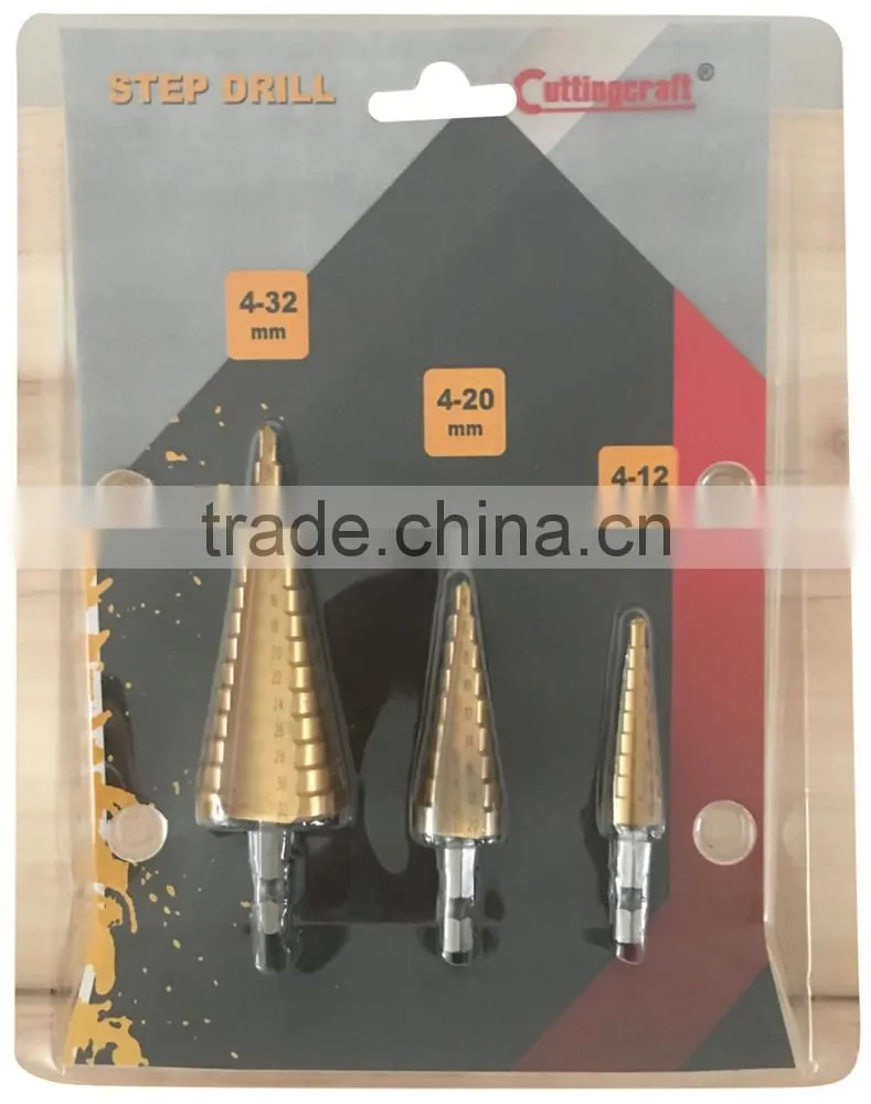 3PCS Hex Shank Straight Flute HSS Drill Metal Cutting Step Bit