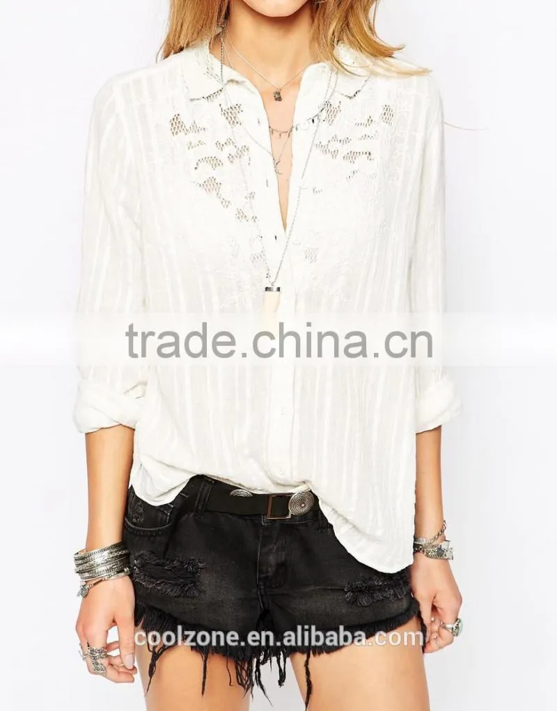 100% Cotton relaxed fit crochet detail lady shirt,fashion full sleeves shirts