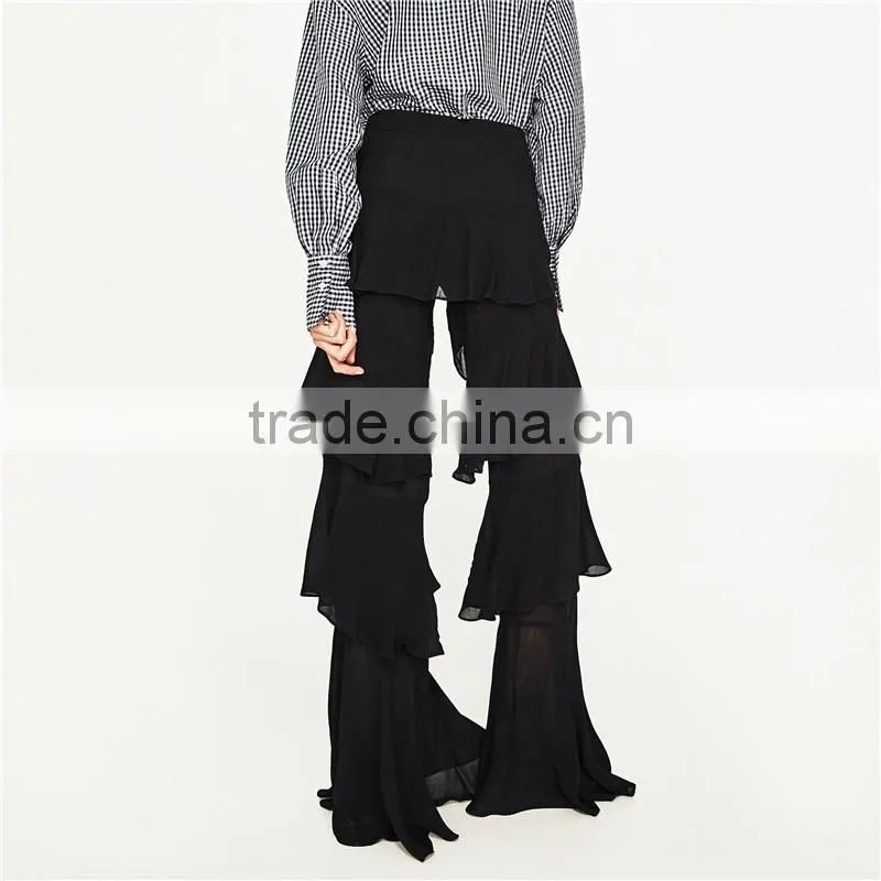 2017 spring womens elegant fancy side zip off frilled long dress pants