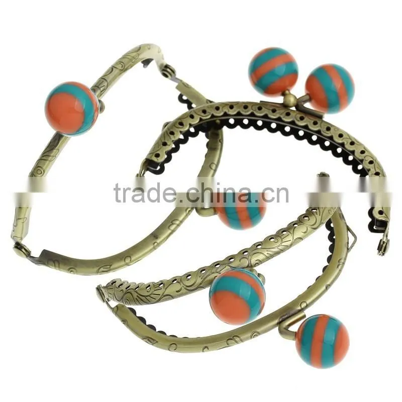 Metal Frame Kiss Clasp For Purse Bag Antique Bronze Orange & Green Resin Ball