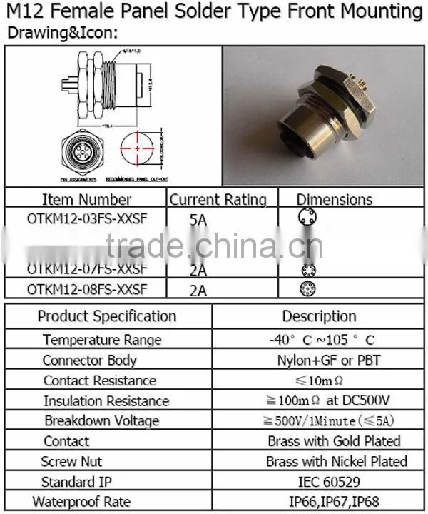 M12 Female panel solder type front mounting Waterproof Connector