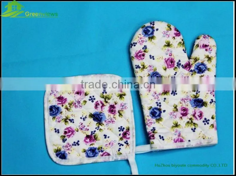 Cotton printed yellow stripe oven mitt & pot holder Factory Eco friendly pot holders and oven mitts 2 kitchen sets-oven