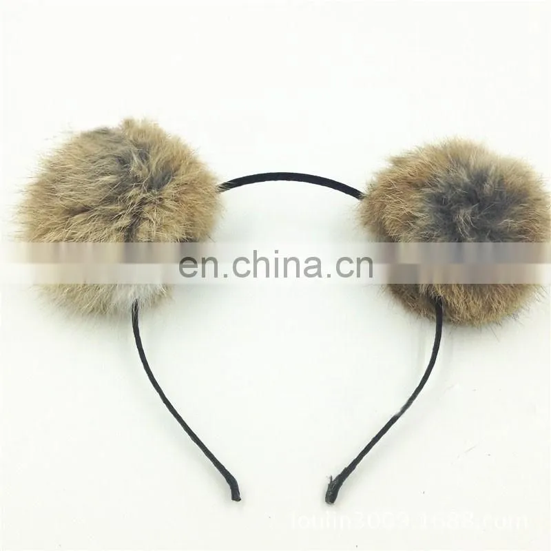 Cute real rabbit fur balls headband hand made round fur pompon headband