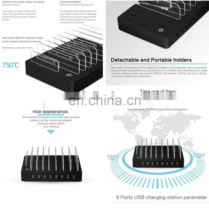 Custom EU US AU UK Plug 8 Ports 96W Multi-Function USB Charging Station Dock Charger with Stand for Mobile Phone Tablet PC