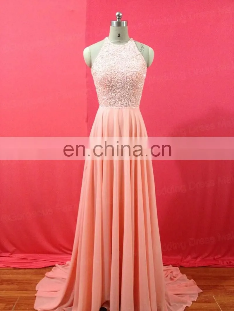 Halter A-line Vestido Longo De Festa Robe De Soiree 2016 Luxury Beaded Crystals Chiffon Long Evening Gowns Backless Prom Dresses