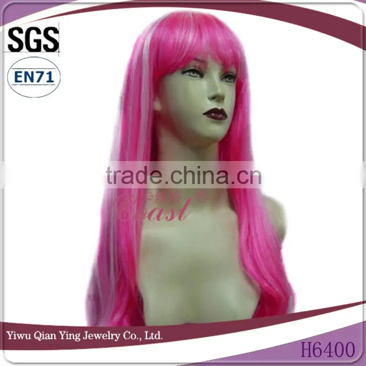 Artificial long pink with white colored synthetic relaxed straight women party hair