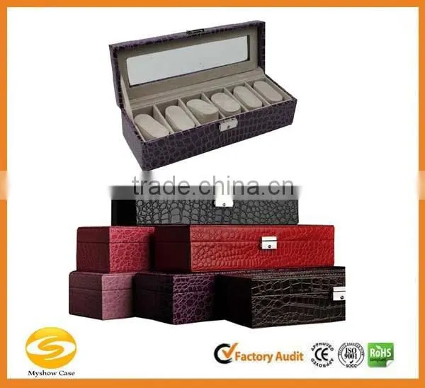 high quality leather watches display case with mirror, 6 watches leather display storage box,leather watch display cases men