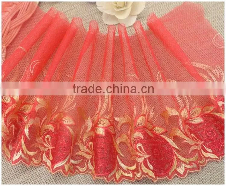 Nylon Net Cloth Gold Thread Red 7.8" Super Non-Strech Soft Warp Knitted Embroidery african lace fabrics