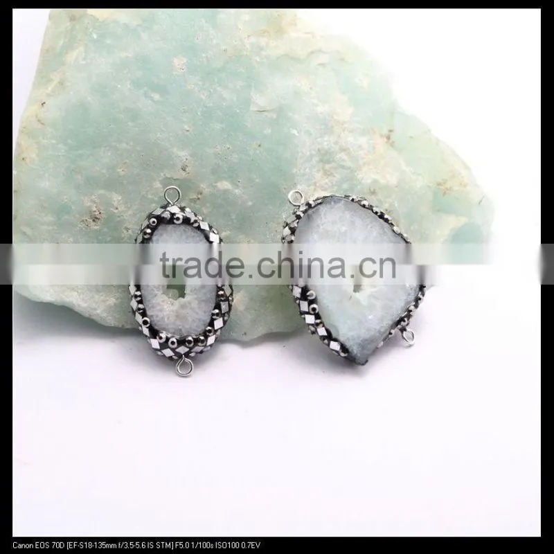 LFD-0097B Wholesale Agate Geode Quartz Connector Bead, with Pave Crystal and Silver / Gold Foil /Gem Stone Druzy Beads