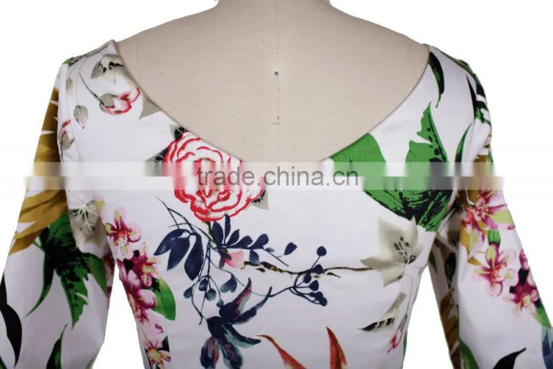 new midi half sleeve boat neckline peony printed cotton flared vintage dress 50s