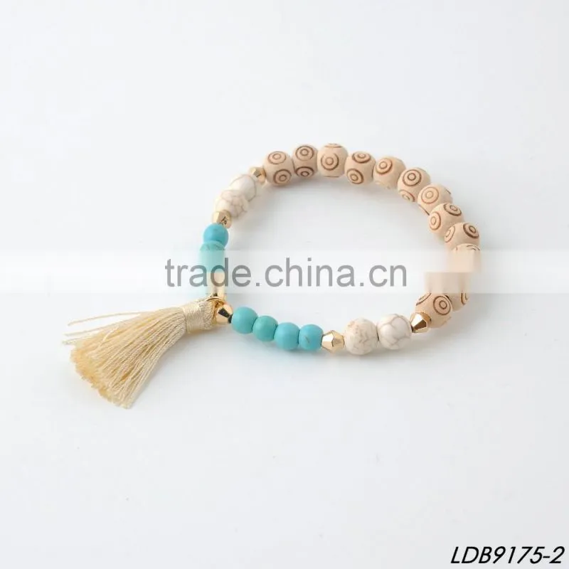 turquoise stone bead spiritual wooden bead bracelet with tassel