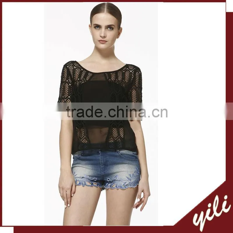 2016 ladies chiffon and lace contrast latest design short sleeve woman blouse