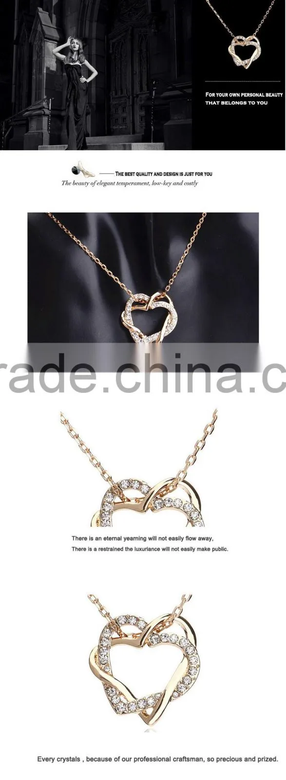 Fashion Jewellery Necklace Women 18k Gold Plated Austrian Crystal Rhinestone Zircon Chunky Double Heart Pendants
