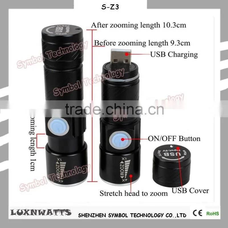 Zoomable 3 light mode portable rechargeable USB charging led flashlight