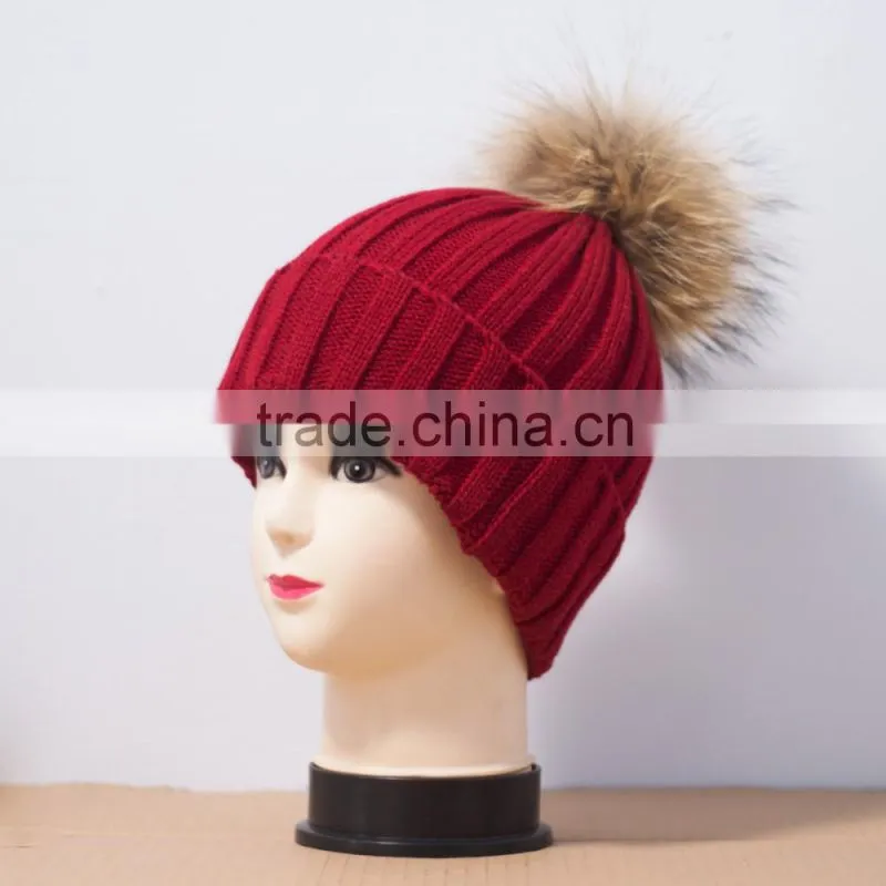 KH1214 Knitted full raccoon fur pompom wool hat