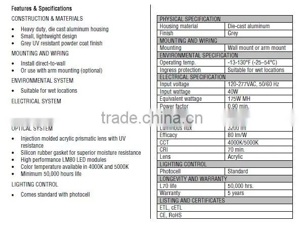 40 Watts ETL DLC Qualified IP65 LED Farm Light with Photocell