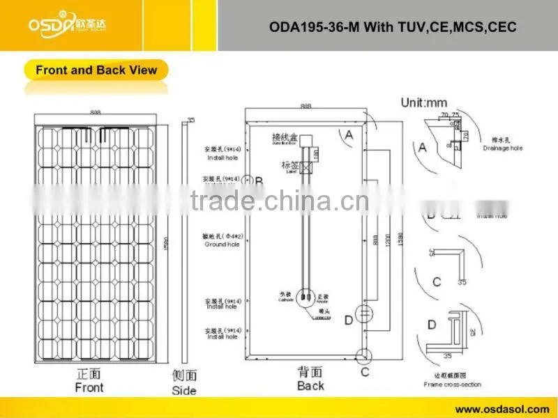 TUV MCS CEC certificated monocrystalline 195W solar panel